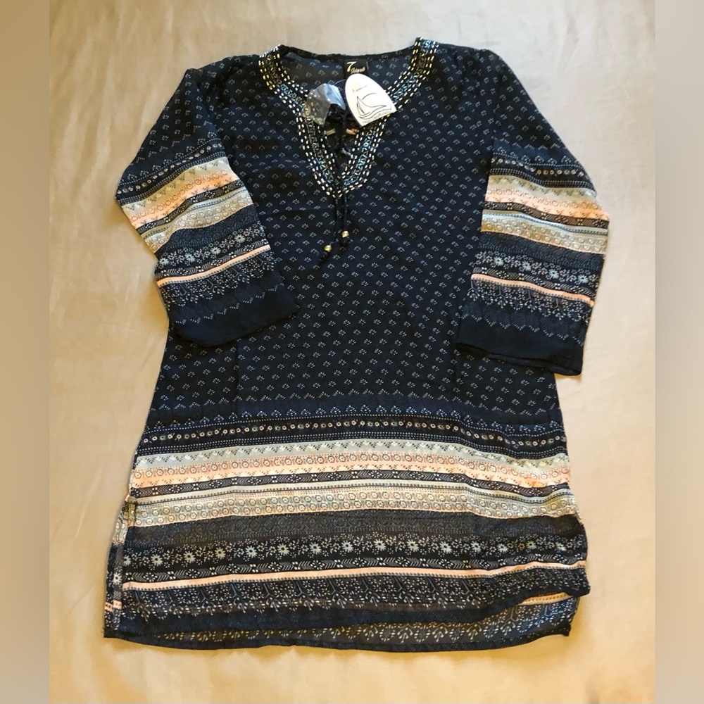 7 Islands Sheer Blue Print Cover Up Top Size Small